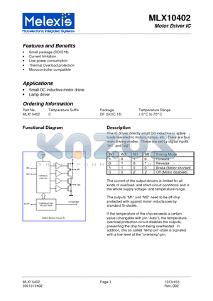 MLX10402 datasheet - The IC drives directly small DC inductive or active loads like electric motors, lamps, etc