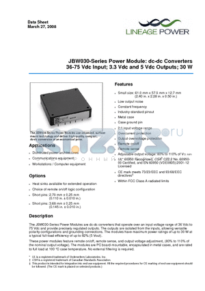 JBW030A1 datasheet - 36-75 Vdc Input; 3.3 Vdc and 5 Vdc Outputs; 30 W