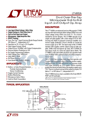 LT1490A datasheet - Dual Over-The-Top Micropower Rail-to-Rail Input and Output Op Amp