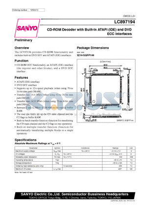 LC897194 datasheet - CD-ROM Decoder with Built-In ATAPI (IDE) and DVD ECC Interfaces