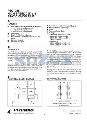 P4C1256-15FMBLF datasheet - HIGH SPEED 32K x 8 STATIC CMOS RAM