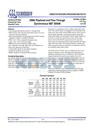 GS8321ZV36E-250 datasheet - 36Mb Pipelined and Flow Through Synchronous NBT SRAM