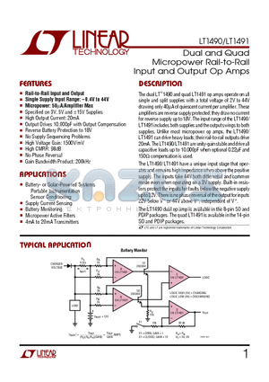 LT1491 datasheet - Dual and Quad Micropower Rail-to-Rail Input and Output Op Amps