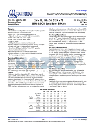 GS8322V18E-166I datasheet - 2M x 18, 1M x 36, 512K x 72 36Mb S/DCD Sync Burst SRAMs