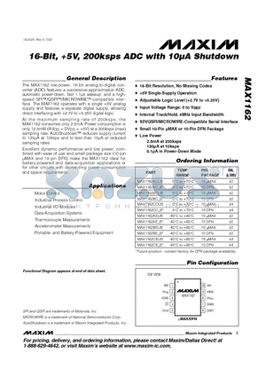 MAX1162CCUB datasheet - 16-Bit, 5V, 200ksps ADC with 10lA Shutdown