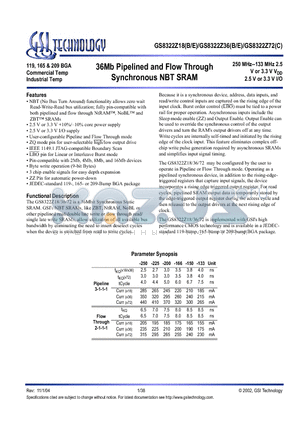 GS8322Z18B-166 datasheet - 36Mb Pipelined and Flow Through Synchronous NBT SRAM