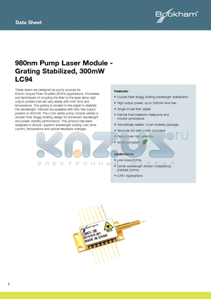 LC94J74-20R datasheet - 980nm Pump Laser Module - Grating Stabilized, 300mW