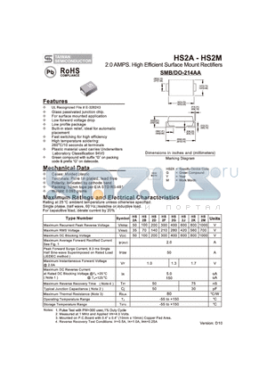 HS2M datasheet - 2.0 AMPS. High Efficient Surface Mount Rectifiers