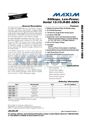 MAX11661 datasheet - 500ksps, Low-Power, Serial 12-/10-/8-Bit ADCs Low-Noise 73dB SNR