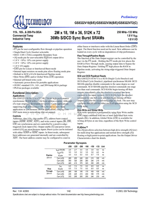 GS8322V36GE-225I datasheet - 2M x 18, 1M x 36, 512K x 72 36Mb S/DCD Sync Burst SRAMs