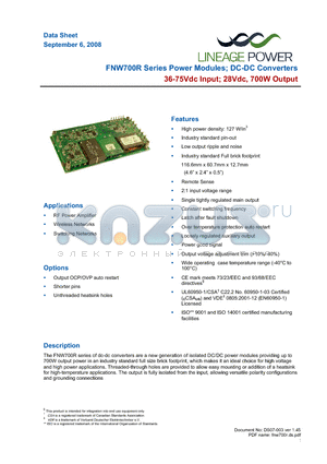 FNW700R4 datasheet - 36 - 75 Vdc Input; 28Vdc Output; 700W Output