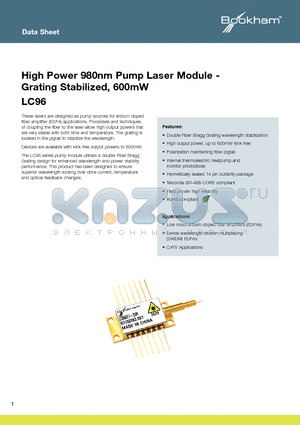 LC96A76-20R datasheet - High Power 980nm Pump Laser Module - Grating Stabilized, 600mW