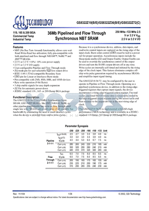 GS8322Z18B-150 datasheet - 36Mb Pipelined and Flow Through Synchronous NBT SRAM