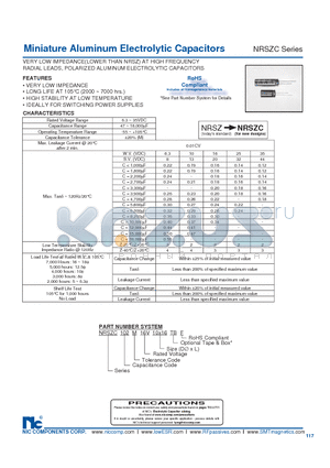 NRSZC153M6.3V16X25TBF datasheet - Miniature Aluminum Electrolytic Ca pac i tors