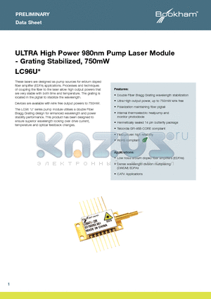LC96UA74-20R datasheet - ULTRA High Power 980nm Pump Laser Module - Grating Stabilized, 750mW