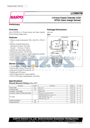 LC9997 datasheet - 1/5-Inch Frame Transfer CCD NTSC Color Image Sensor