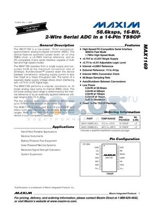 MAX1169 datasheet - 58.6ksps, 16-Bit, 2-Wire Serial ADC in a 14-Pin TSSOP