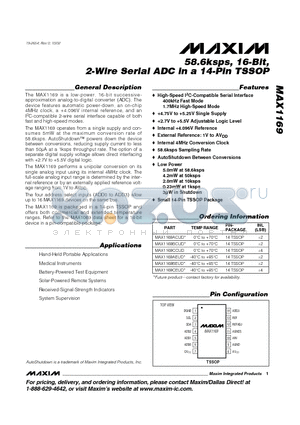 MAX1169ACUD datasheet - 58.6ksps, 16-Bit, 2-Wire Serial ADC in a 14-Pin TSSOP