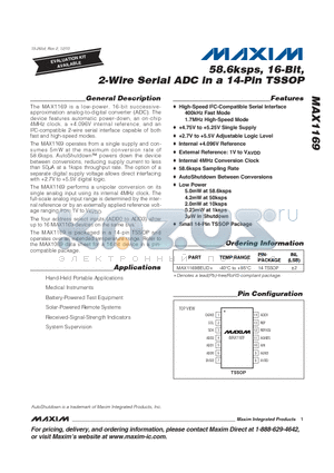 MAX1169BEUD+ datasheet - 58.6ksps, 16-Bit, 2-Wire Serial ADC in a 14-Pin TSSOP