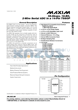 MAX1169AEUD datasheet - 58.6ksps, 16-Bit, 2-Wire Serial ADC in a 14-Pin TSSOP