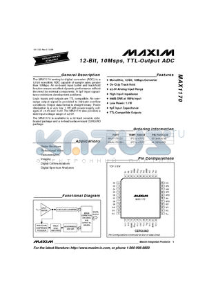 MAX1170CDJ datasheet - 12-Bit, 10Msps, TTL-Output ADC