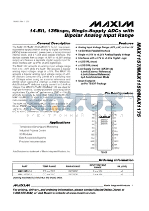 MAX1175 datasheet - 14-Bit, 135ksps, Single-Supply ADCs with Bipolar Analog Input Range