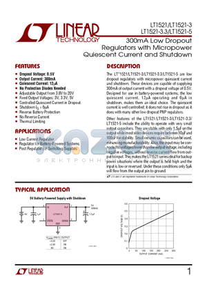 LT1521-3.3 datasheet - 300mA Low Dropout Regulators with Micropower Quiescent Current and Shutdown