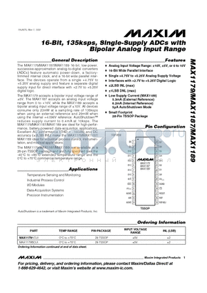 MAX1179CCUI datasheet - 16-Bit, 135ksps, Single-Supply ADCs with Bipolar Analog Input Range