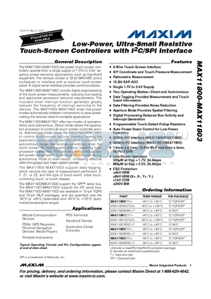 MAX11800 datasheet - Low-Power, Ultra-Small Resistive Touch-Screen Controllers with I2C/SPI Interface