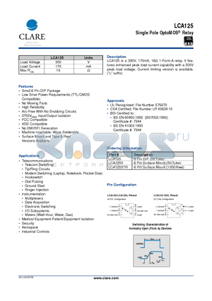 LCA125STR datasheet - Single Pole OptoMOS Relay