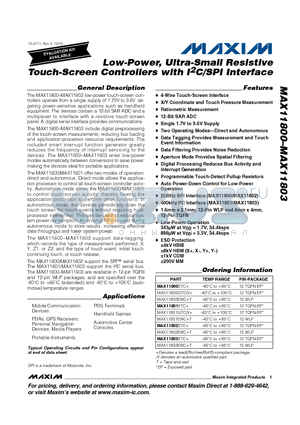 MAX11800ETC+ datasheet - Low-Power, Ultra-Small Resistive Touch-Screen Controllers with I2C/SPI Interface