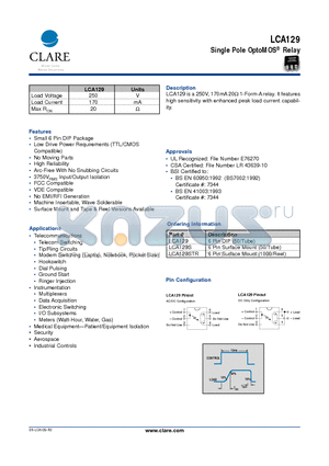 LCA129 datasheet - Single Pole OptoMOS Relay