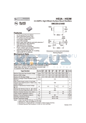 HS3F datasheet - 3.0 AMPS. High Efficient Surface Mount Rectifiers