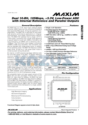 MAX1180ECM datasheet - Dual 10-Bit, 105Msps, 3.3V, Low-Power ADC with Internal Reference and Parallel Outputs