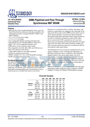 GS8322Z72GC-150IV datasheet - 36Mb Pipelined and Flow Through Synchronous NBT SRAM