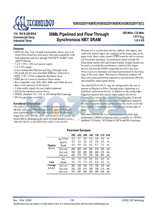GS8322ZV18B-133 datasheet - 36Mb Pipelined and Flow Through Synchronous NBT SRAM