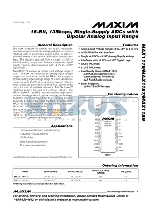 MAX1187BEUI datasheet - 16-Bit, 135ksps, Single-Supply ADCs with Bipolar Analog Input Range