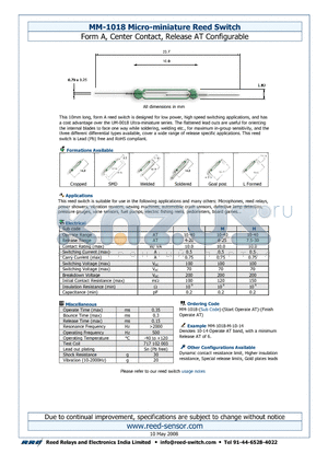 MM-1018-L datasheet - Micro-miniature Reed Switch