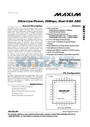 MAX1193 datasheet - Ultra-Low-Power, 45Msps, Dual 8-Bit ADC