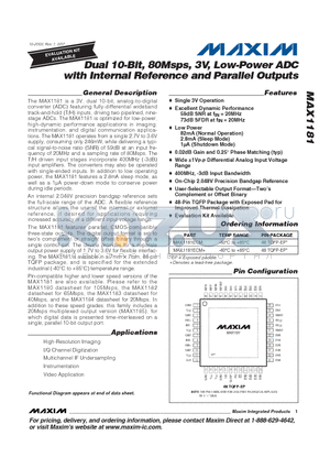 MAX1181ECM datasheet - Dual 10-Bit, 80Msps, 3V, Low-Power ADC with Internal Reference and Parallel Outputs