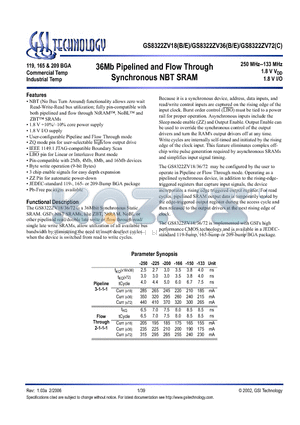 GS8322ZV18GE-225I datasheet - 36Mb Pipelined and Flow Through Synchronous NBT SRAM