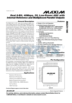 MAX1196ECM datasheet - Dual 8-Bit, 40Msps, 3V, Low-Power ADC with Internal Reference and Multiplexed Parallel Outputs