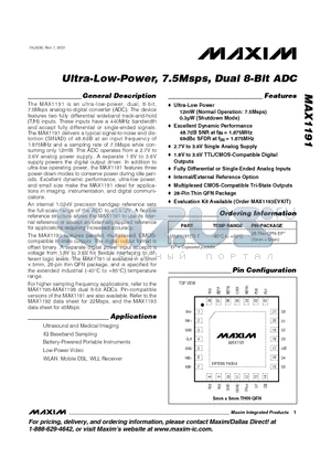 MAX1191ETI-T datasheet - Ultra-Low-Power, 7.5Msps, Dual 8-Bit ADC