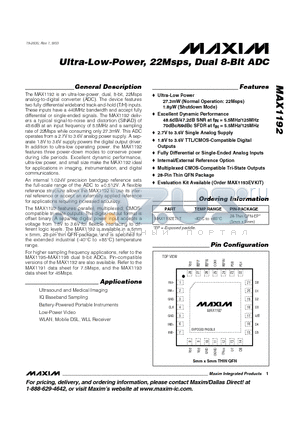 MAX1192 datasheet - Ultra-Low-Power, 22Msps, Dual 8-Bit ADC