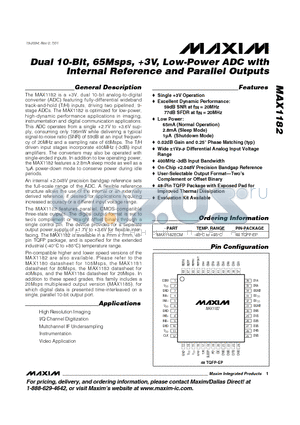 MAX1182 datasheet - Dual 10-Bit, 65Msps, 3V, Low-Power ADC with Internal Reference and Parallel Outputs