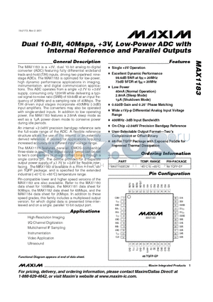 MAX1183 datasheet - Dual 10-Bit, 40Msps, 3V, Low-Power ADC with Internal Reference and Parallel Outputs