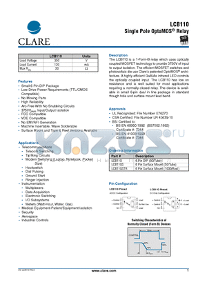 LCB110 datasheet - Single Pole OptoMOS Relay