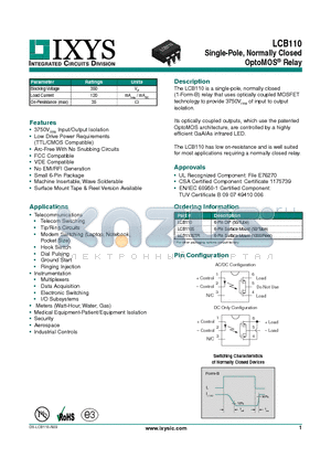 LCB110 datasheet - Single-Pole, Normally Closed OptoMOS Relay