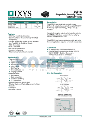 LCB120 datasheet - Single-Pole, Normally Closed OptoMOS Relay