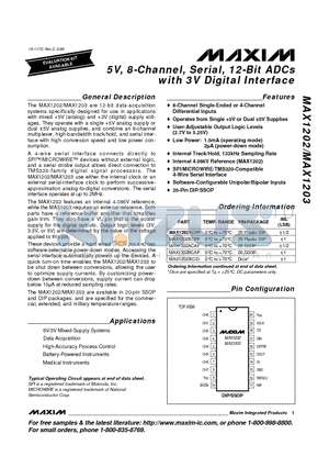 MAX1203BCPP datasheet - 5v, 8-cHANNEL, sERIAL, 12-bIT adcS WITH 3v dIGITAL iNTERFACE